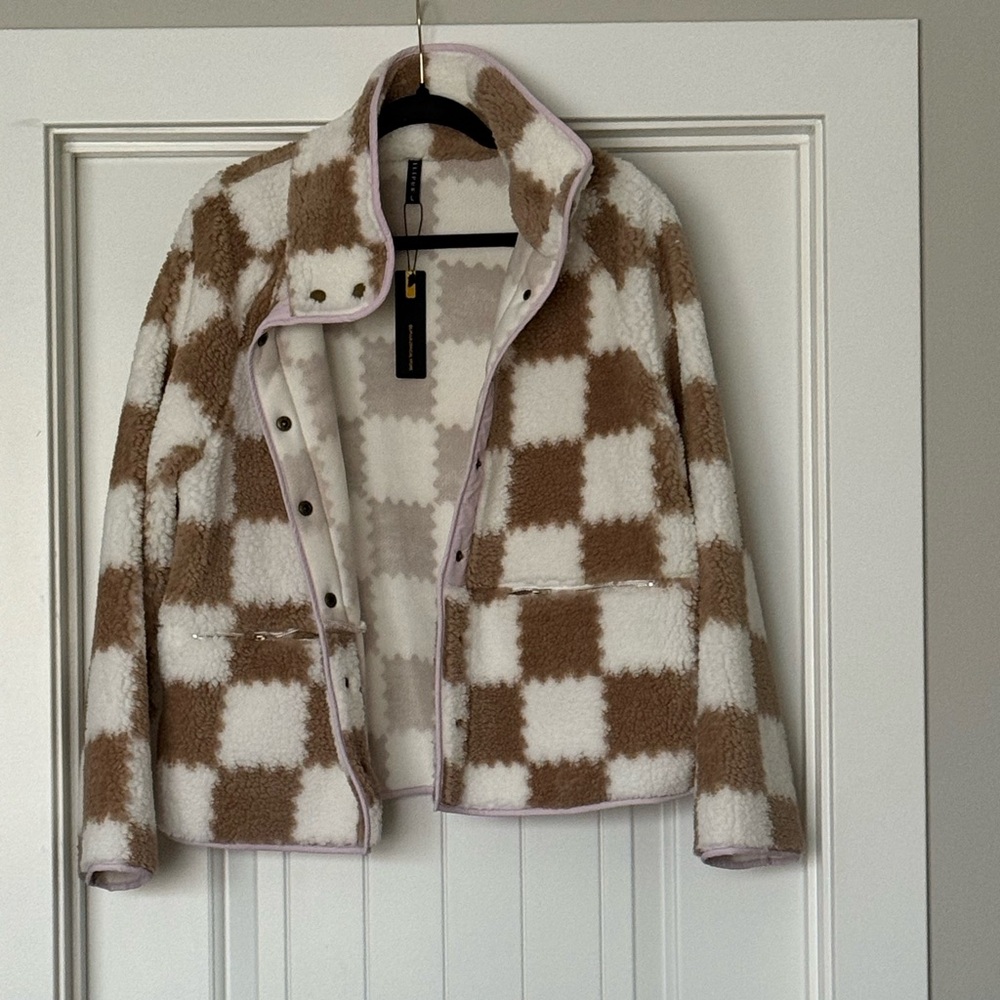 Brown and White Checkered Sherpa Jacket
